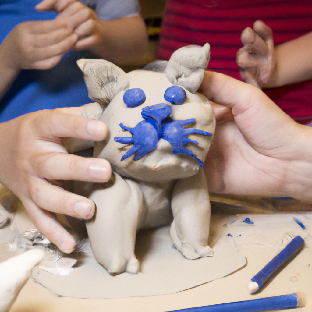 a child modeling a clay cat in an art therapy studio