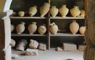 inside a greek temple full of ancient vases and incense