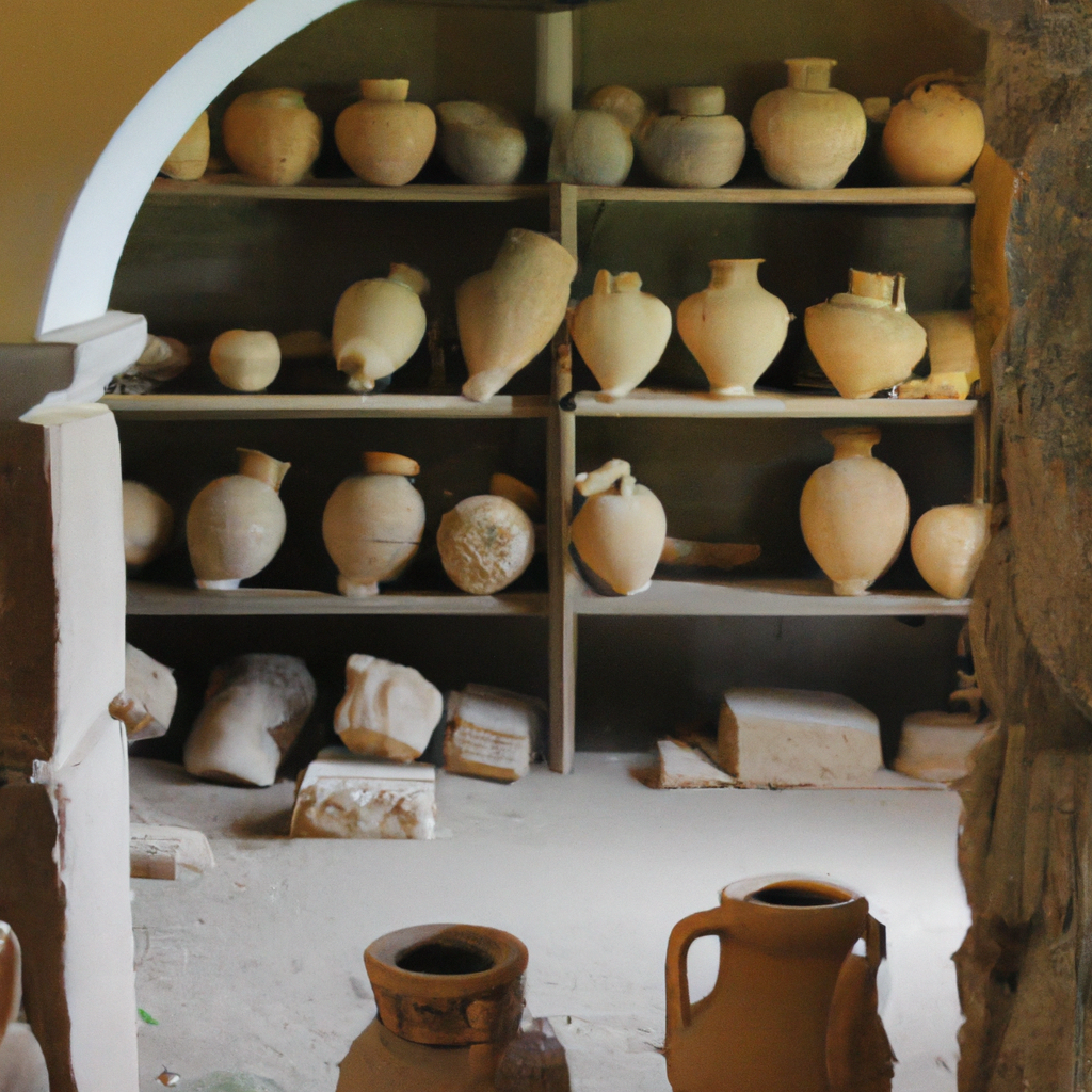 inside a greek temple full of ancient vases and incense