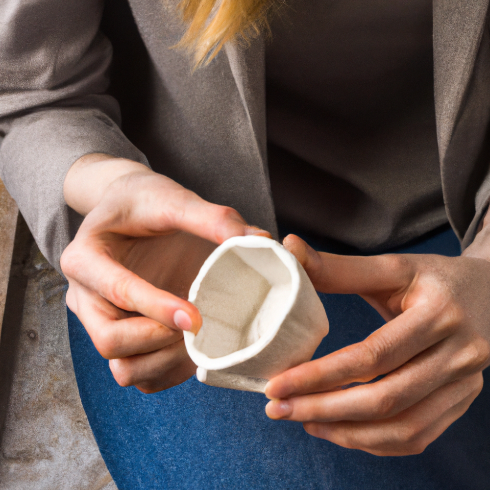 woman picking a ceramic tea cup from a slip cast plaster mold